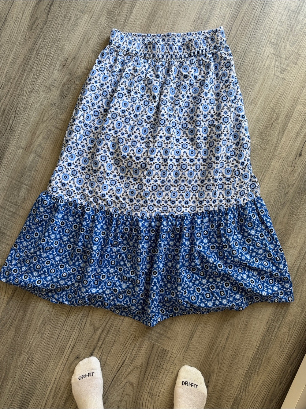 LOFT Blue Floral Tiered Maxi Skirt with Darker Blue Ruffle